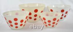 4 Vintage FIRE KING RED POLKA DOT Oven Ware Milk Glass Set Mixing Nesting Bowls