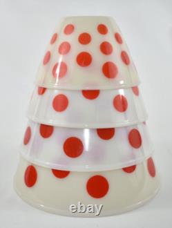 4 Vintage FIRE KING RED POLKA DOT Oven Ware Milk Glass Set Mixing Nesting Bowls