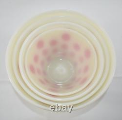 4 Vintage FIRE KING RED POLKA DOT Oven Ware Milk Glass Set Mixing Nesting Bowls