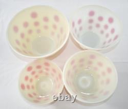 4 Vintage FIRE KING RED POLKA DOT Oven Ware Milk Glass Set Mixing Nesting Bowls