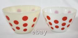 4 Vintage FIRE KING RED POLKA DOT Oven Ware Milk Glass Set Mixing Nesting Bowls