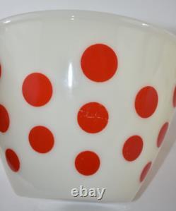 4 Vintage FIRE KING RED POLKA DOT Oven Ware Milk Glass Set Mixing Nesting Bowls