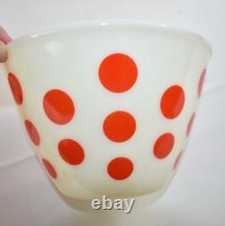 4 Vintage FIRE KING RED POLKA DOT Oven Ware Milk Glass Set Mixing Nesting Bowls