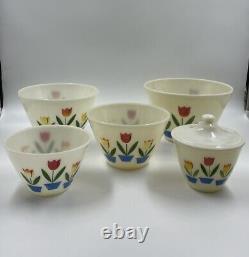 (4) Vintage Fire-King Tulip Mixing Bowls + Grease Jar & Lid