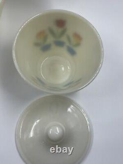 (4) Vintage Fire-King Tulip Mixing Bowls + Grease Jar & Lid