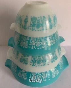 (4)Vintage Pyrex AMISH BUTTERPRINT Turquoise Nesting Mixing Bowls
