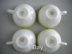 4 Vintage Pyrex Lime Green & Milk Glass White Cups & Saucers No Gold Rims