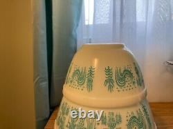 4 Vtg Pyrex Amish Butterprint 1 Cinderella- 3 Mixing Bowls Turquoise & White