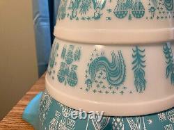 4 Vtg Pyrex Amish Butterprint 1 Cinderella- 3 Mixing Bowls Turquoise & White