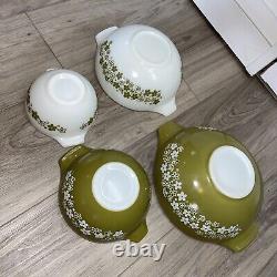 4 Vtg Pyrex Crazy Daisy Spring Blossom Cinderella Nesting Bowls Green & White