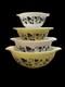 4 Vtg Pyrex Gooseberry Yellow, Black & White Cinderella Mixing Bowls #441-444
