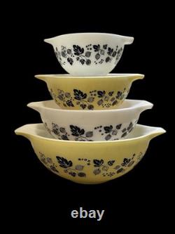 4 Vtg Pyrex Gooseberry Yellow, Black & White Cinderella Mixing Bowls #441-444