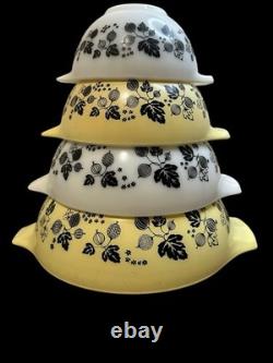 4 Vtg Pyrex Gooseberry Yellow, Black & White Cinderella Mixing Bowls #441-444
