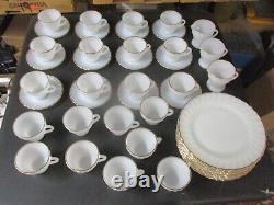 46 Pcs Vintage Fire King Cups, Saucers, Plates White Swirl Gold Trim Milk Glass