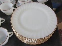 46 Pcs Vintage Fire King Cups, Saucers, Plates White Swirl Gold Trim Milk Glass