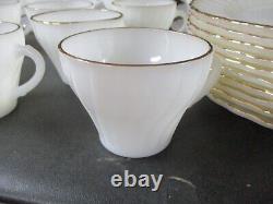 46 Pcs Vintage Fire King Cups, Saucers, Plates White Swirl Gold Trim Milk Glass