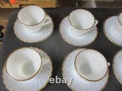 46 Pcs Vintage Fire King Cups, Saucers, Plates White Swirl Gold Trim Milk Glass