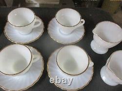 46 Pcs Vintage Fire King Cups, Saucers, Plates White Swirl Gold Trim Milk Glass