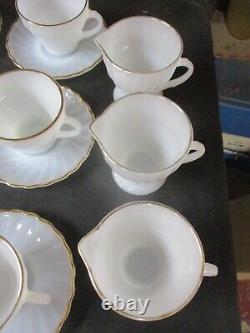 46 Pcs Vintage Fire King Cups, Saucers, Plates White Swirl Gold Trim Milk Glass