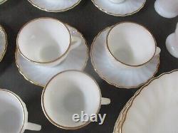 46 Pcs Vintage Fire King Cups, Saucers, Plates White Swirl Gold Trim Milk Glass