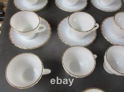 46 Pcs Vintage Fire King Cups, Saucers, Plates White Swirl Gold Trim Milk Glass