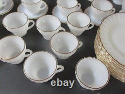 46 Pcs Vintage Fire King Cups, Saucers, Plates White Swirl Gold Trim Milk Glass