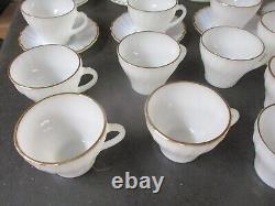 46 Pcs Vintage Fire King Cups, Saucers, Plates White Swirl Gold Trim Milk Glass