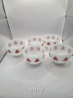 5 Beautiful Vintage Fire King Milk Glass Tulip Cottage Cheese Bowls, Red Tulips