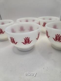 5 Beautiful Vintage Fire King Milk Glass Tulip Cottage Cheese Bowls, Red Tulips