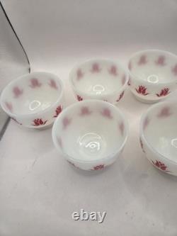 5 Beautiful Vintage Fire King Milk Glass Tulip Cottage Cheese Bowls, Red Tulips