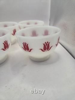 5 Beautiful Vintage Fire King Milk Glass Tulip Cottage Cheese Bowls, Red Tulips