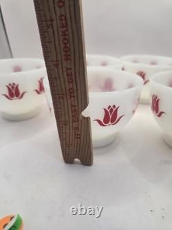 5 Beautiful Vintage Fire King Milk Glass Tulip Cottage Cheese Bowls, Red Tulips