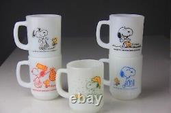 5 Fire King Anchor Hocking Snoopy Milk Glass Mugs Very Collectable