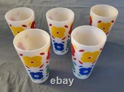 5 HTF Vtg Hazel Atlas Flowers Milk Glass Tumblers Floral Glasses Rare MCM