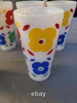 5 HTF Vtg Hazel Atlas Flowers Milk Glass Tumblers Floral Glasses Rare MCM