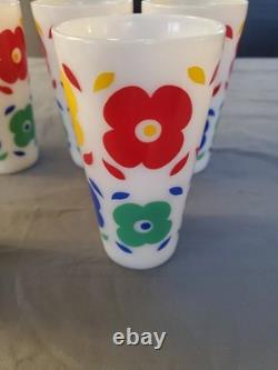 5 HTF Vtg Hazel Atlas Flowers Milk Glass Tumblers Floral Glasses Rare MCM