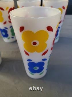 5 HTF Vtg Hazel Atlas Flowers Milk Glass Tumblers Floral Glasses Rare MCM