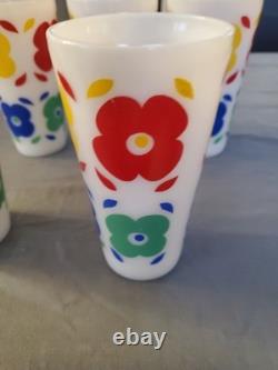 5 HTF Vtg Hazel Atlas Flowers Milk Glass Tumblers Floral Glasses Rare MCM