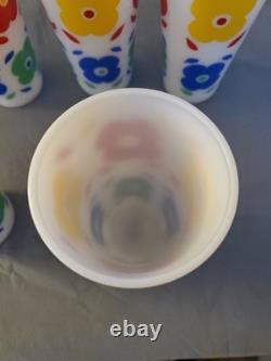 5 HTF Vtg Hazel Atlas Flowers Milk Glass Tumblers Floral Glasses Rare MCM