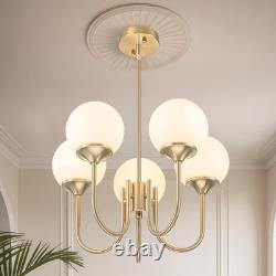 5 Light Gold Globe White Milk Glass Chandelier Mid Century Modern Sputnik Cei