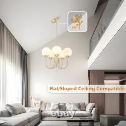 5 Light Gold Globe White Milk Glass Chandelier Mid Century Modern Sputnik Cei