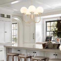 5 Light Gold Globe White Milk Glass Chandelier Mid Century Modern Sputnik Cei
