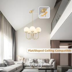 5-Light Gold Globe White Milk Glass Chandelier Mid Century Sputnik Ceiling Light