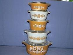 5 PYREX BUTTERFLY GOLD ROUND CASSEROLES withLIDS 475/474/473/472/471