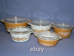 5 PYREX BUTTERFLY GOLD ROUND CASSEROLES withLIDS 475/474/473/472/471