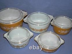 5 PYREX BUTTERFLY GOLD ROUND CASSEROLES withLIDS 475/474/473/472/471