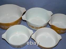 5 PYREX BUTTERFLY GOLD ROUND CASSEROLES withLIDS 475/474/473/472/471