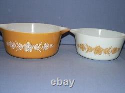 5 PYREX BUTTERFLY GOLD ROUND CASSEROLES withLIDS 475/474/473/472/471