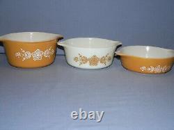 5 PYREX BUTTERFLY GOLD ROUND CASSEROLES withLIDS 475/474/473/472/471