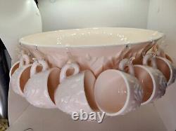 50's Jeanette Feather Shell Pink Milk Glass Punch Bowl Set with 8 cups + Base